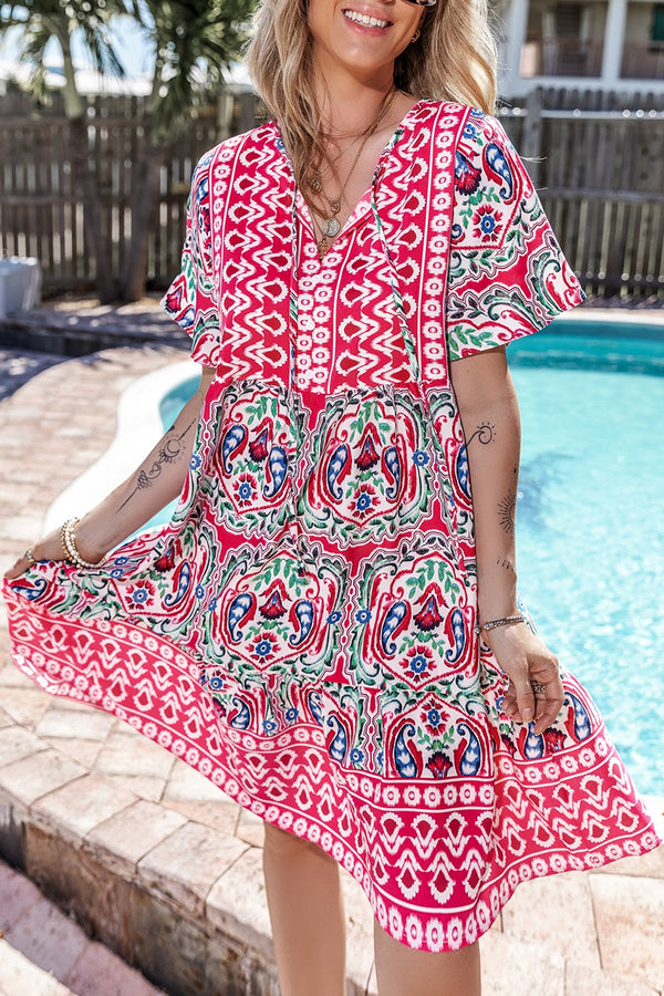 printed-tie-neck-short-sleeve-dress OhSoStyled - Sophia's Style-1